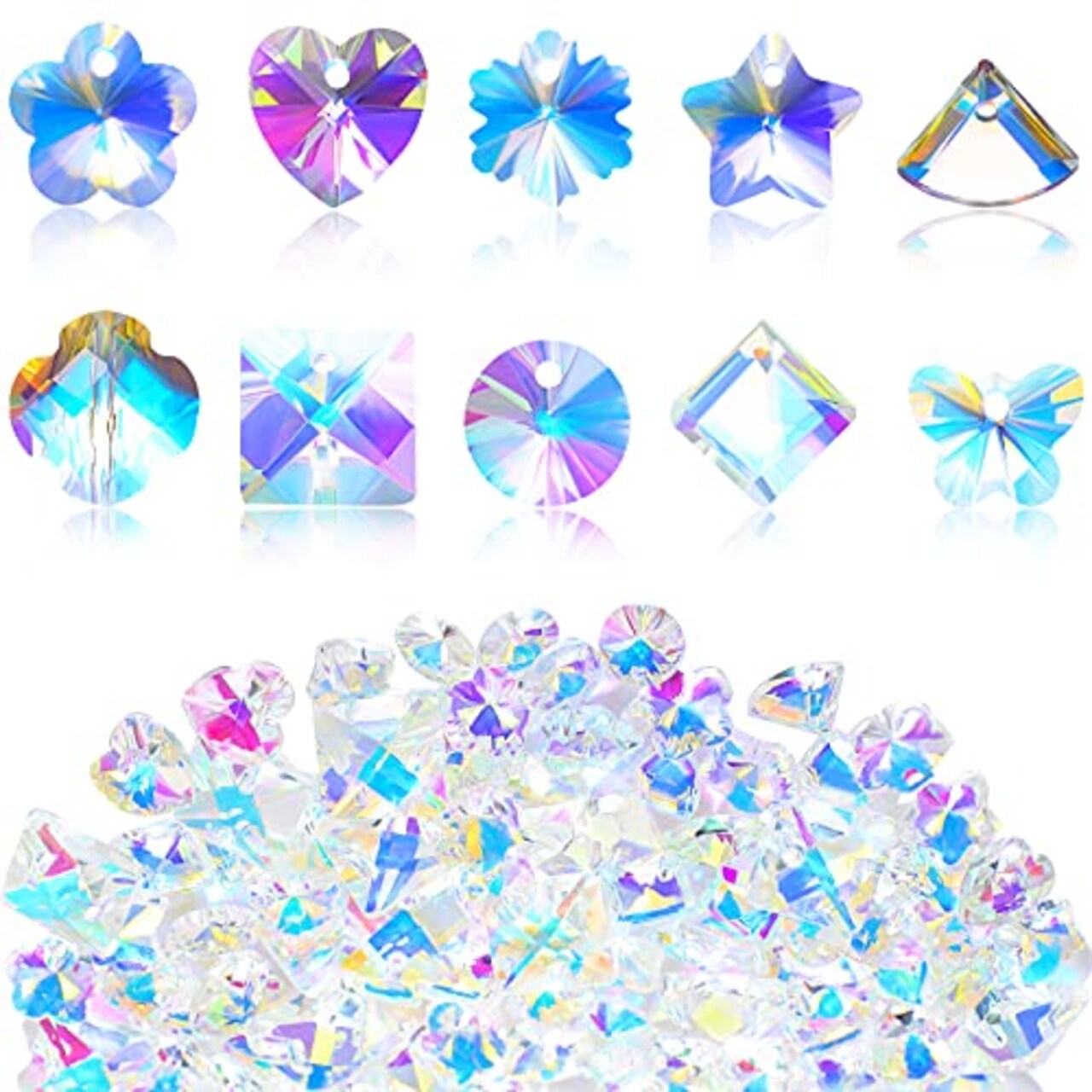 Hicarer 120 Pcs Chakra Natural Stone Beads AB Crystal Beads Charms Butterfly Heart Snowflake Loose Beads Necklace Earrings Crystal Charm Crystal Pendants for DIY Jewelry (Multiple Shape)